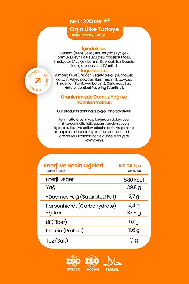 PARÇACIKLI BADEM KREMASI KAHVALTILIK ÖZEL ÜRETİM 320G SÜRÜLEBİLİR BADEM KREMASI