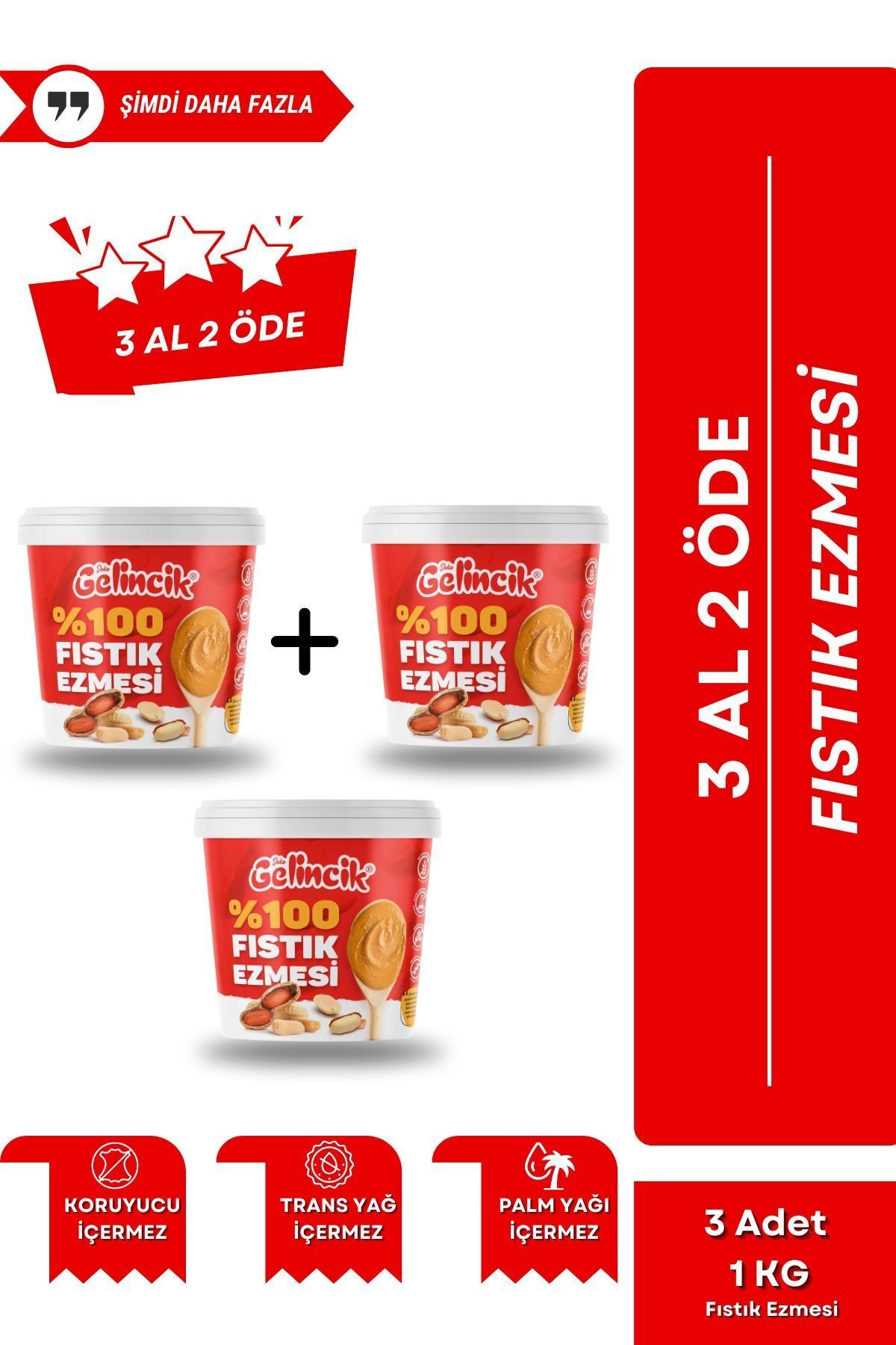 3'lü Set %100 Saf Doğal Katkısız Taze Çekim Glutensiz Şekersiz Fıstık Ezmesi Özel 3 AL 2 Öde
