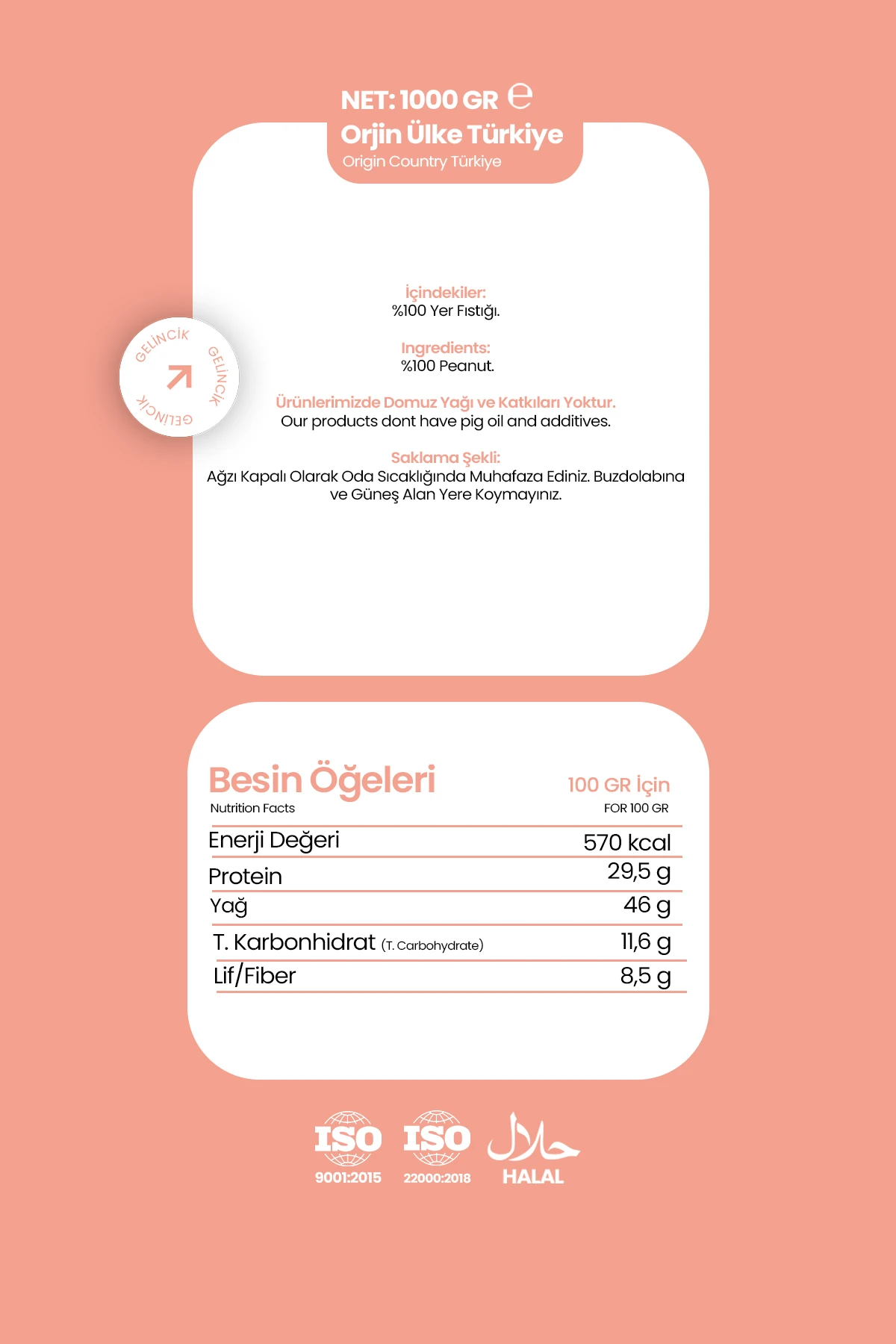 Fıstık Ezmesi Şekersiz %100 Saf Doğal Katkısız Taze Çekim Glutensiz Doğal Fıstık Ezmesi 1 KG