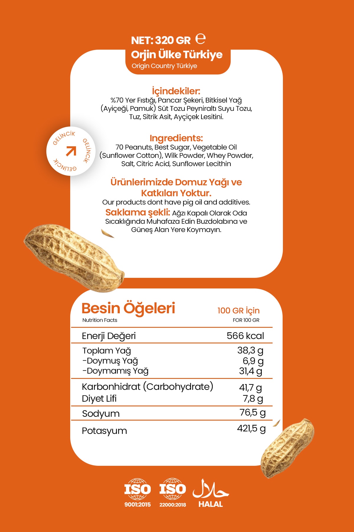 Kahvaltılık Sürülebilir Doğal Katkısız 320gr Özel Üretim Parçacıklı Fıstık Ezmesi
