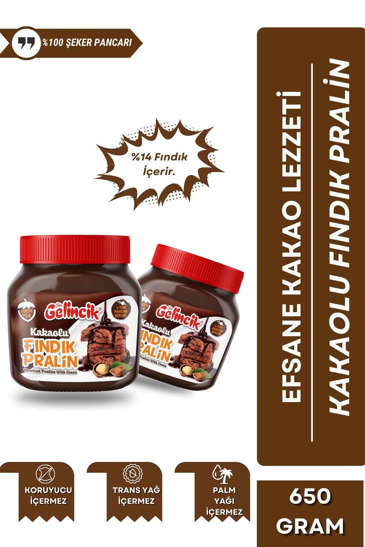 Kahvaltılık Sürülebilir Doğal Katkısız 650gr Özel Üretim Kakaolu Fındık Pralin