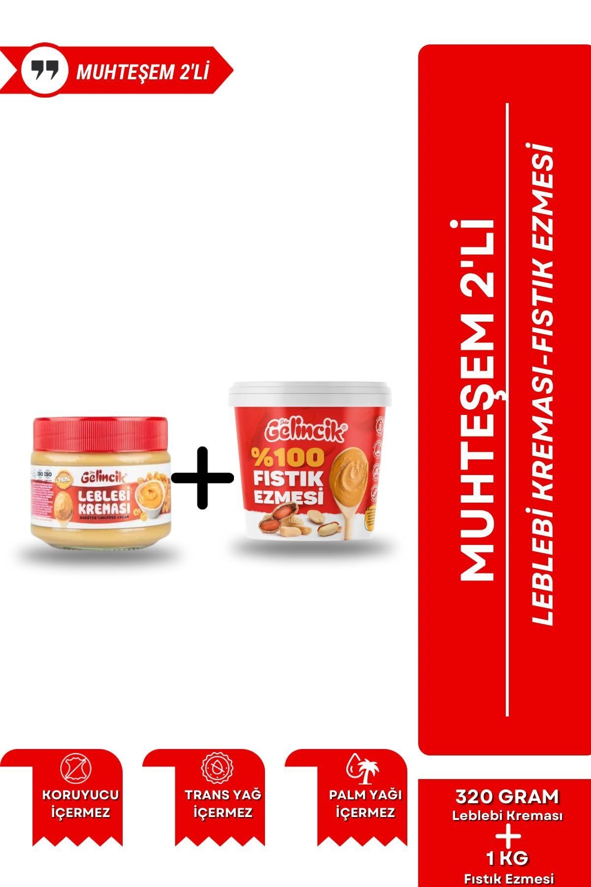2'li Set 320G Leblebi Kreması ve 1KG Şekersiz %100 Saf Katkısız Taze Çekim Glutensiz Fıstık Ezmesi