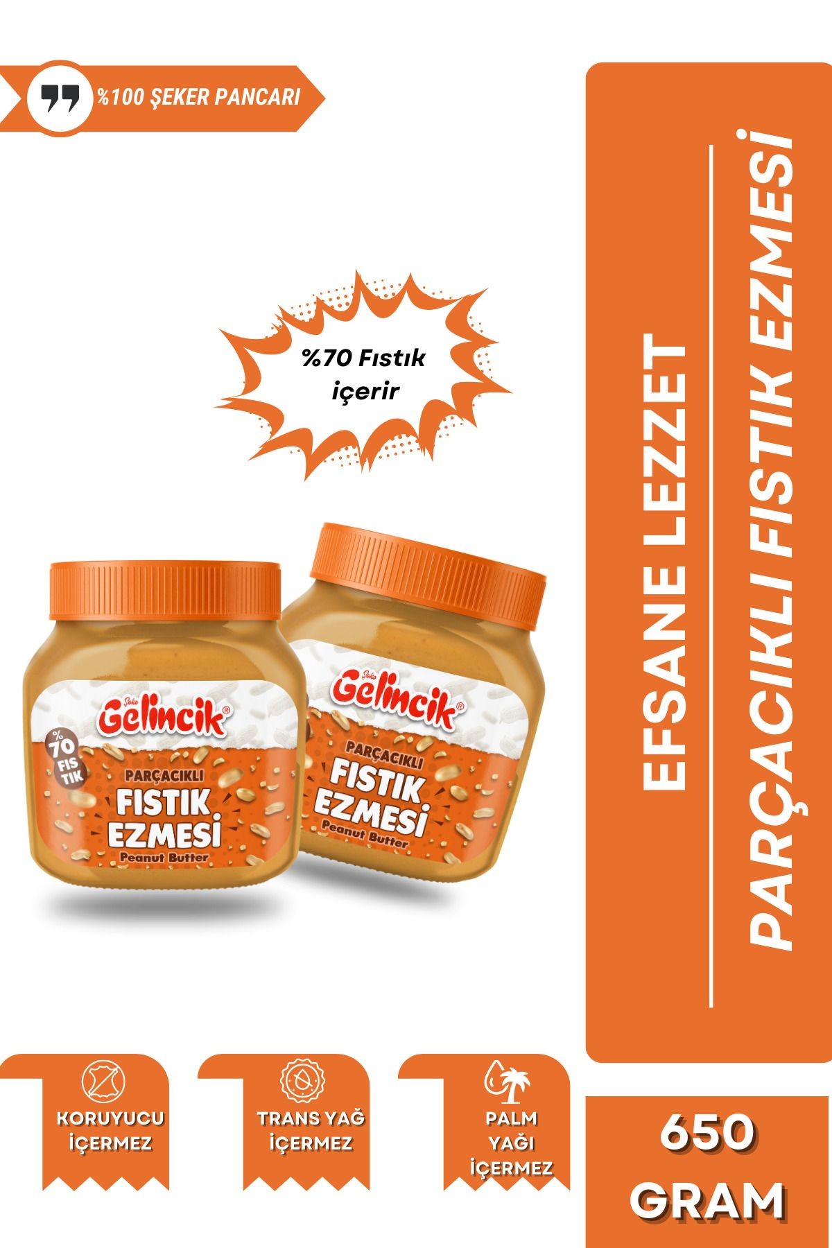 Kahvaltılık Sürülebilir Doğal Katkısız 650gr Özel Üretim Şekerli Parçacıklı Fıstık Ezmesi