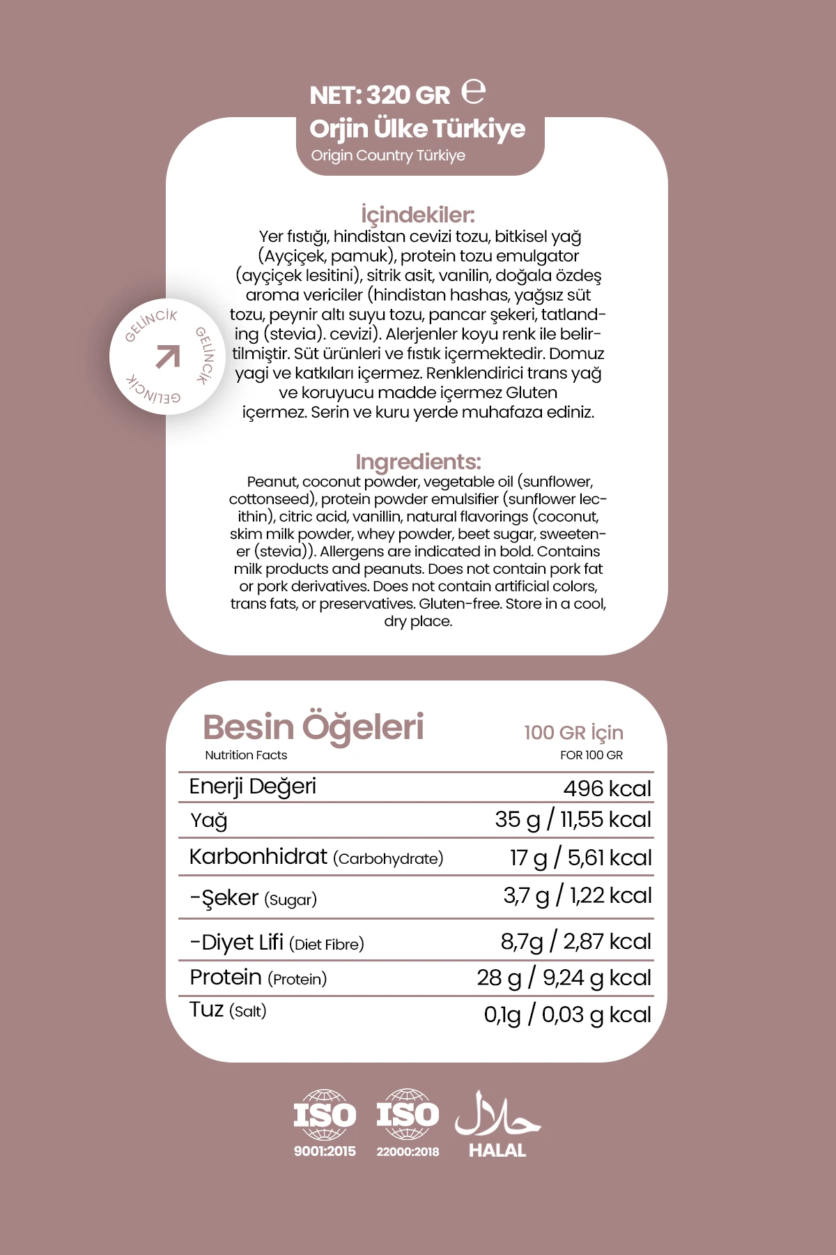 Kahvaltılık Sürülebilir Katkısız 320gr Özel Üretim Protein Kreması 100gr'da 28gr Içerir