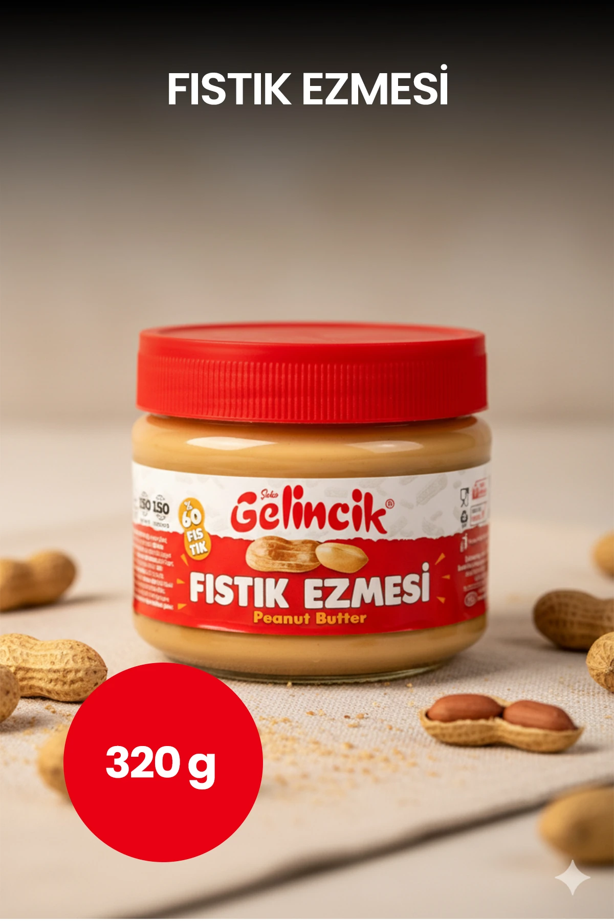 Kahvaltılık Sürülebilir Doğal Katkısız 320gr Kavanoz Özel Üretim Şekerli Fıstık Ezmesi