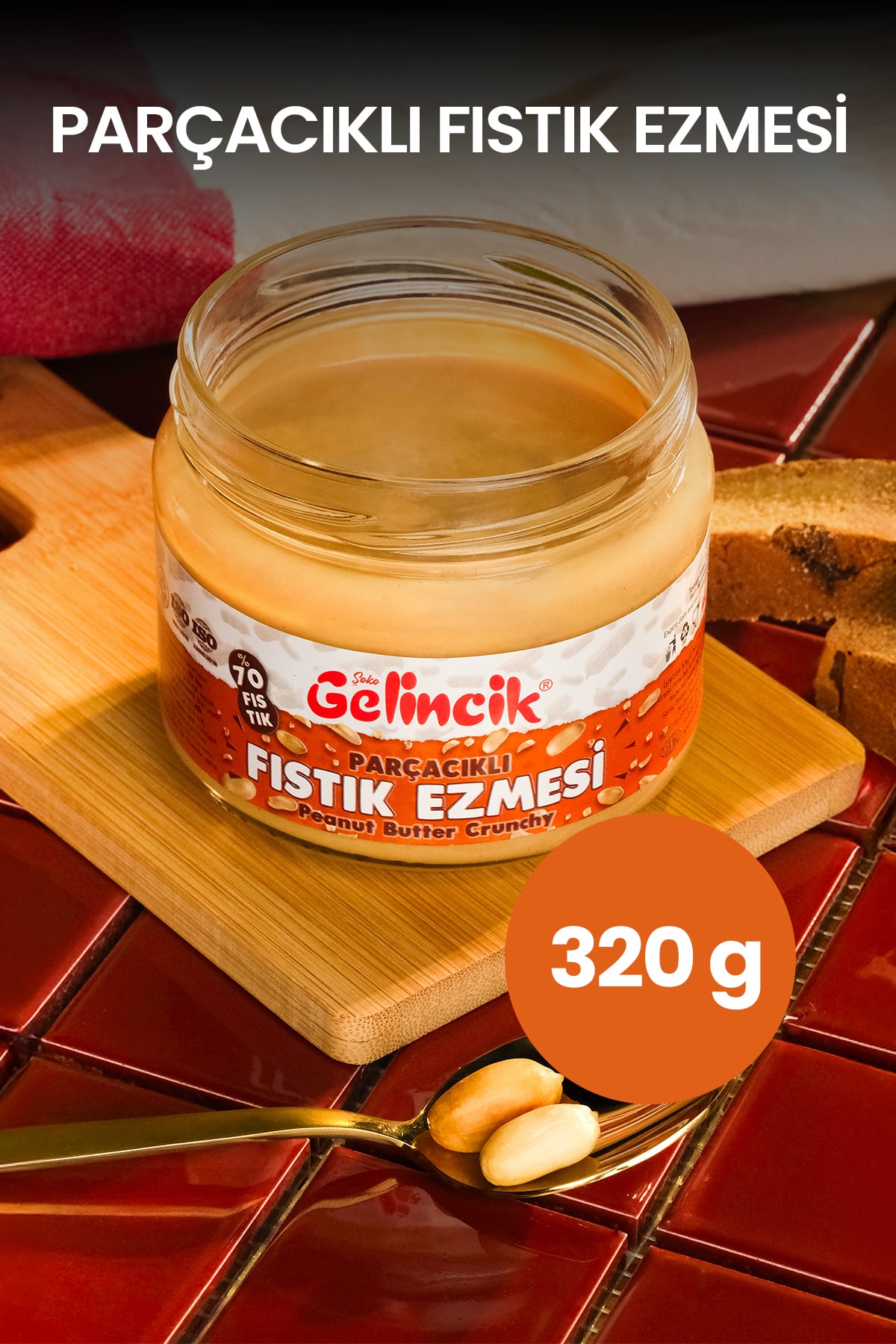 Kahvaltılık Sürülebilir Doğal Katkısız 320gr Özel Üretim Parçacıklı Fıstık Ezmesi