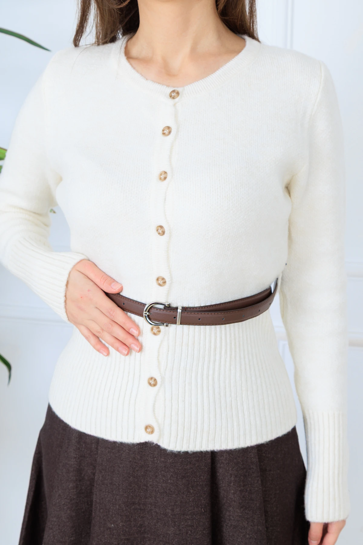 CPSL458 DÜĞME DETAYLI KEMERLİ KAZAK