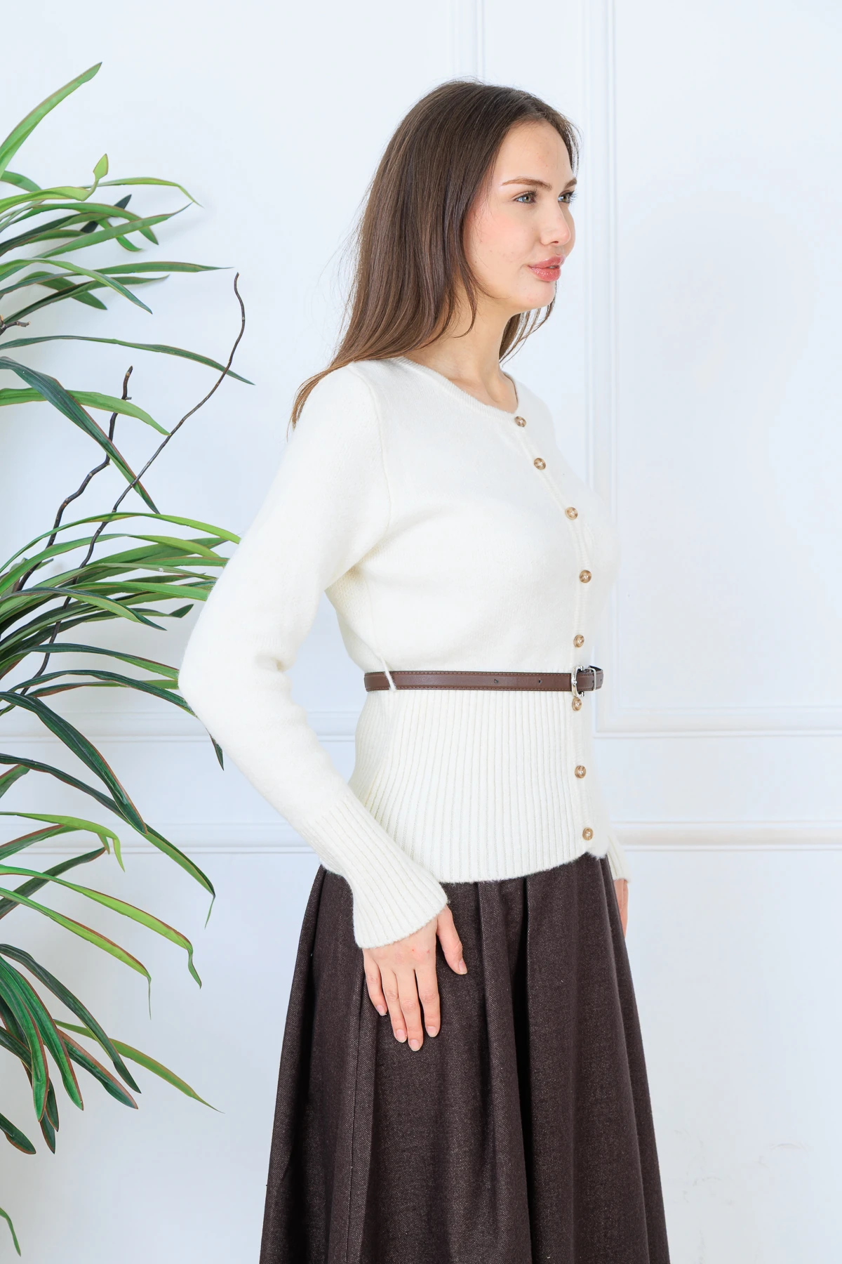 CPSL458 DÜĞME DETAYLI KEMERLİ KAZAK