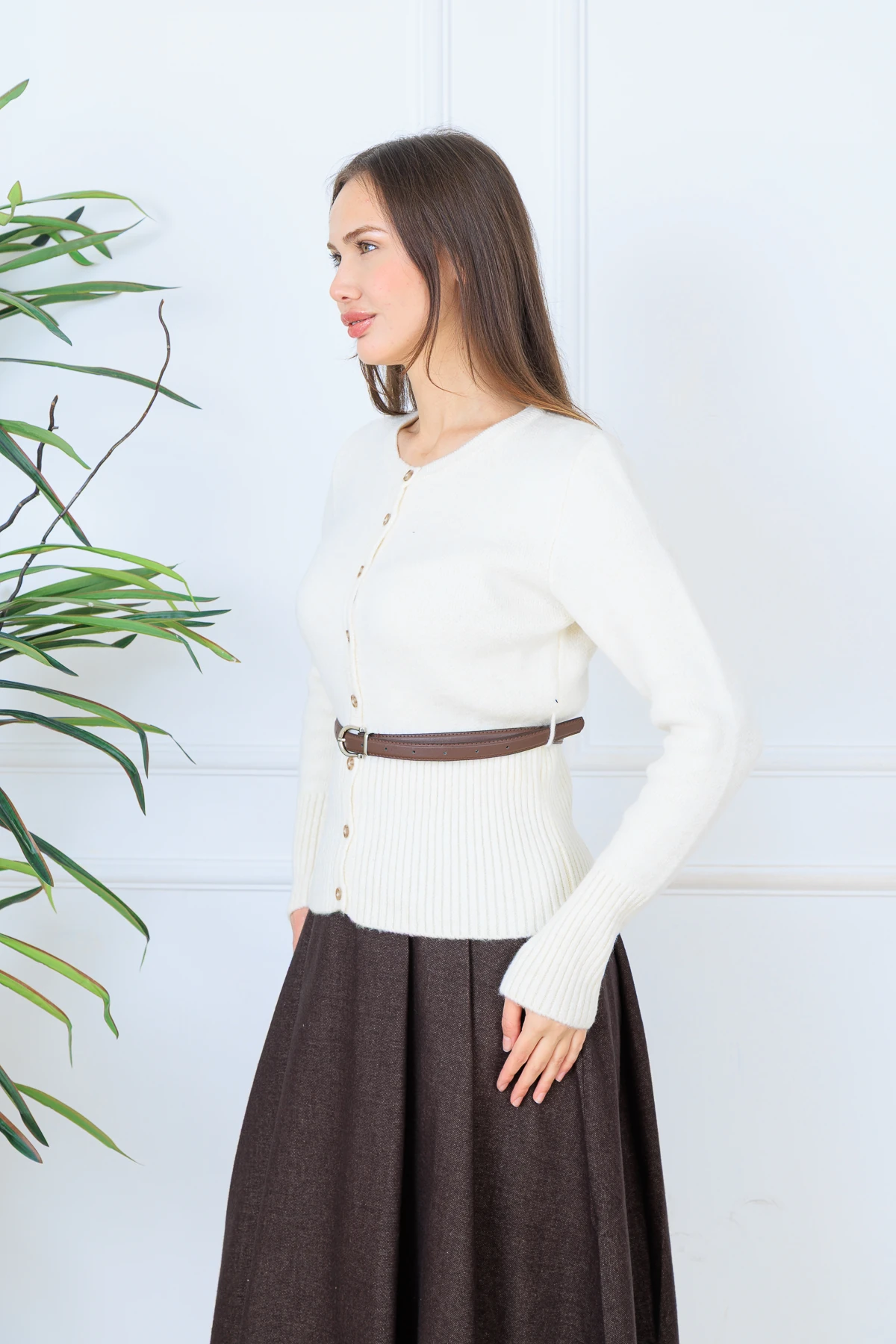 CPSL458 DÜĞME DETAYLI KEMERLİ KAZAK