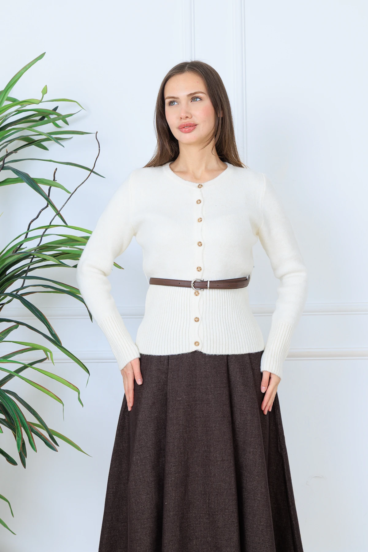 CPSL458 DÜĞME DETAYLI KEMERLİ KAZAK