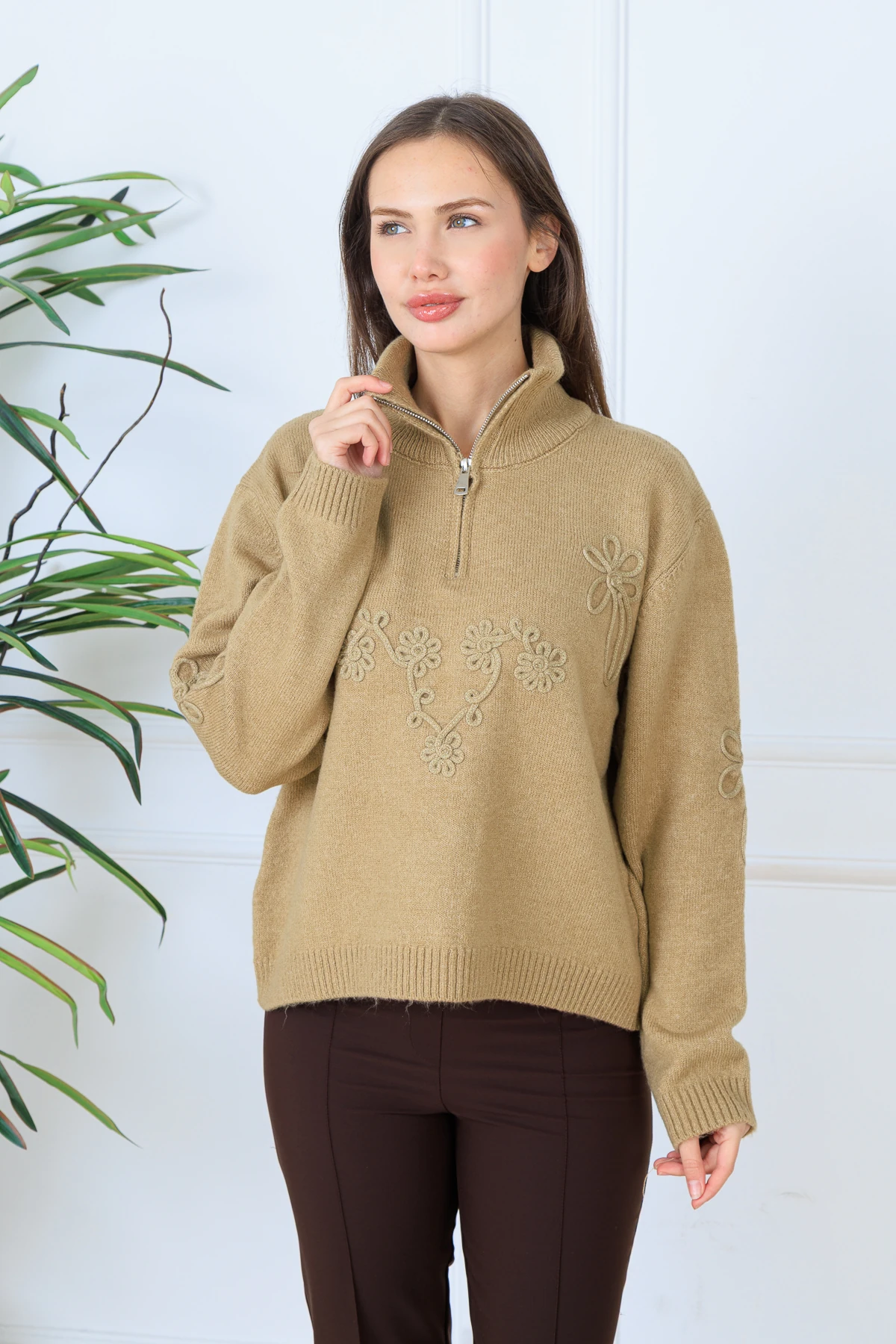 CPSL2702 NAKIŞ DETAY FERMUARLI KAZAK