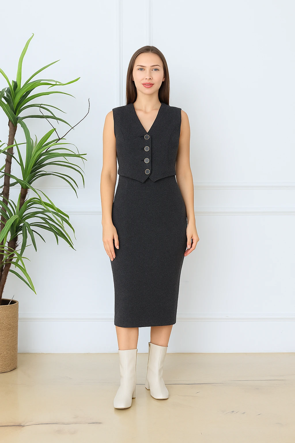 CPSL4722 YELEK DETAYLI DÜĞME GÖRÜNÜMLÜ KOLSUZ MİDİBOY ELBİSE