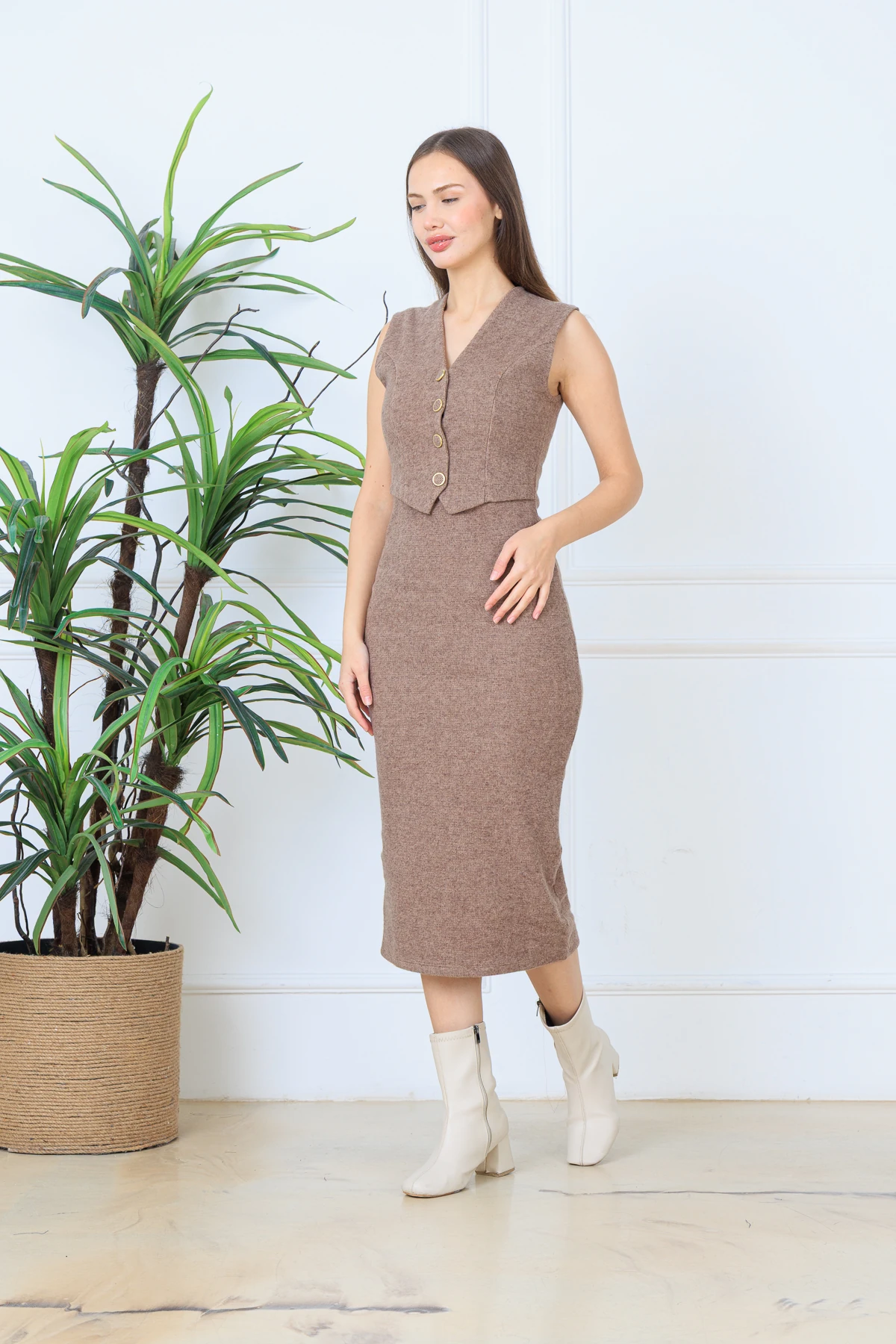 CPSL4722 YELEK DETAYLI DÜĞME GÖRÜNÜMLÜ KOLSUZ MİDİBOY ELBİSE