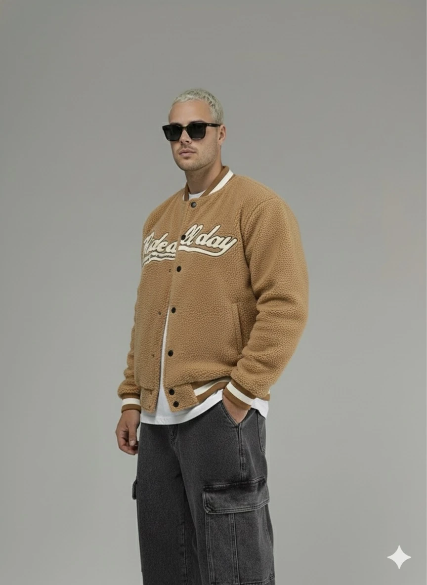 OVERSİZE KAHVE RENK KUMAŞI PAMUKLU POLARLI KOLEJ CEKET 