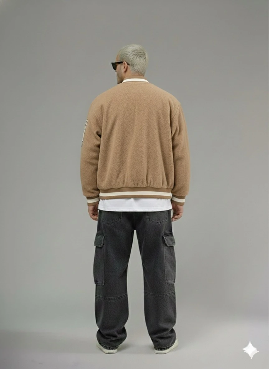 OVERSİZE KAHVE RENK KUMAŞI PAMUKLU POLARLI KOLEJ CEKET 