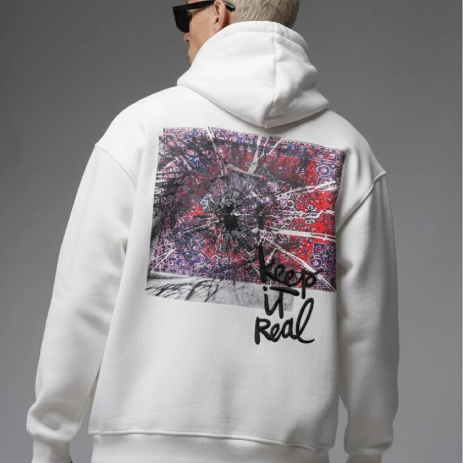 UNISEX BEYAZ SIRT TASARIMLI NAKIŞ İŞLEMELİ OVERSİZE KAPŞONLU SWEATSHİRT