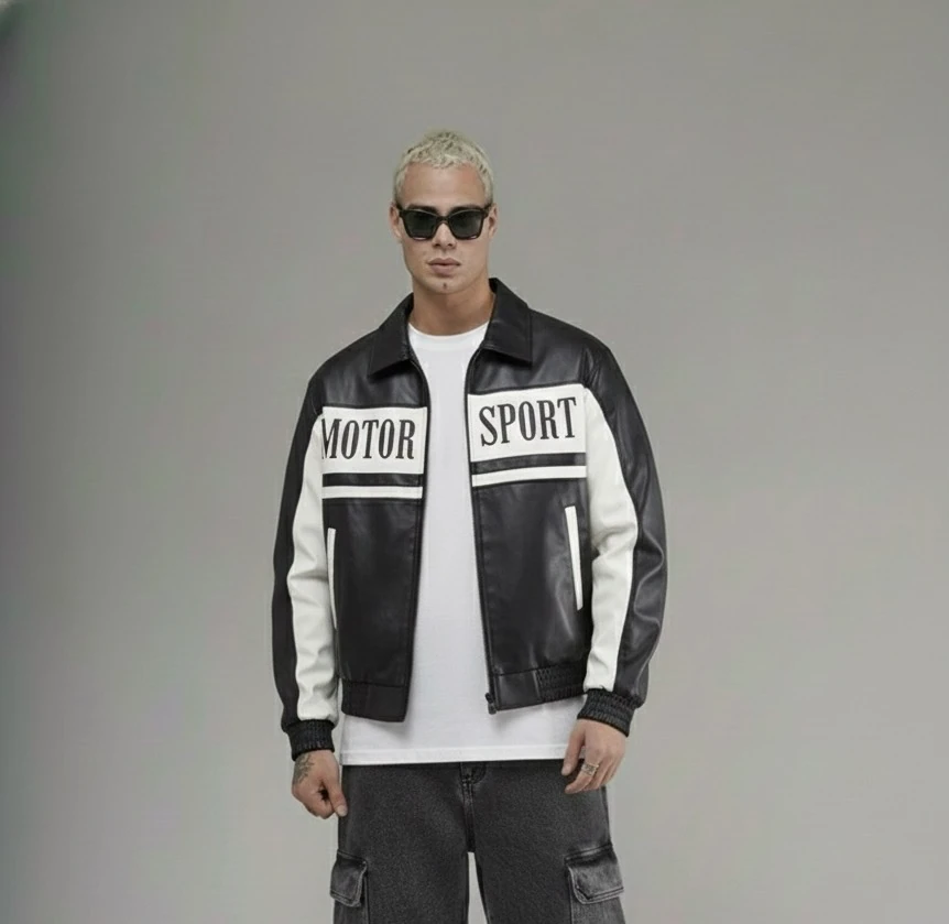 OVERSİZE ÇİFT RENKLİ  ÖN YAZILI BEL LASTİKLİ DERİ CEKET 