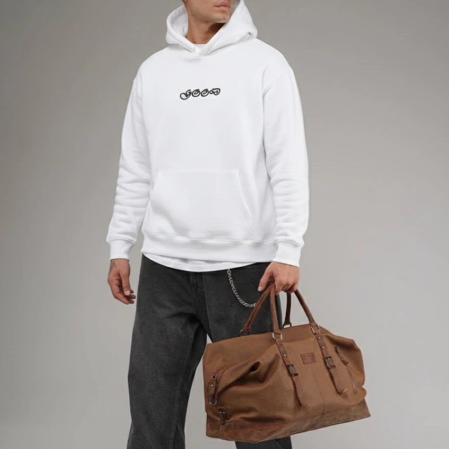 UNISEX BEYAZ SIRT TASARIMLI NAKIŞ İŞLEMELİ OVERSİZE KAPŞONLU SWEATSHİRT