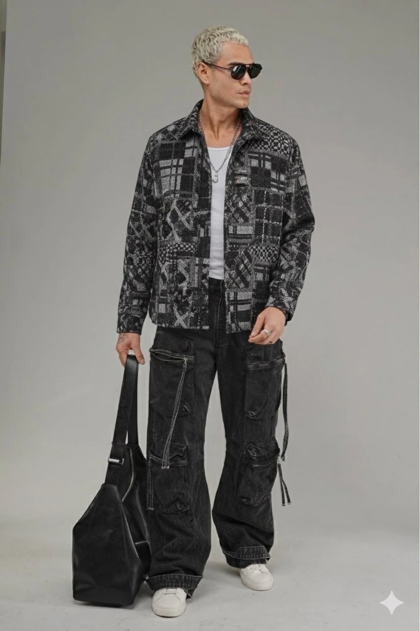 OVERSİZE KUMAŞ DESENLİ  ODUNCU GÖMLEK 