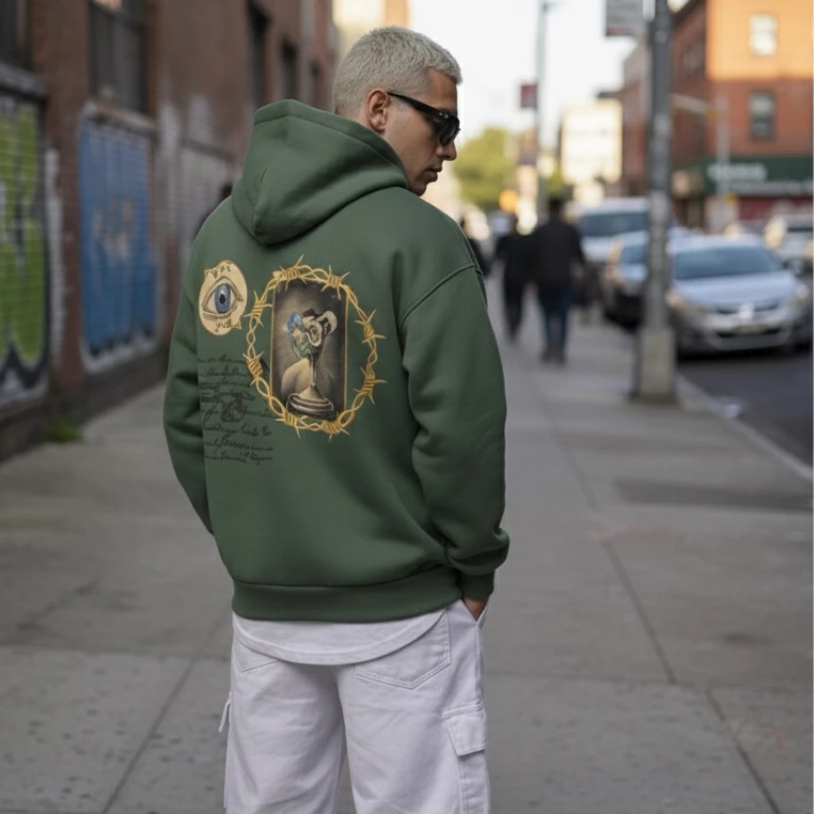 UNISEX YEŞİL  SIRT TASARIMLI NAKIŞ İŞLEMELİ OVERSİZE KAPŞONLU SWEATSHİRT