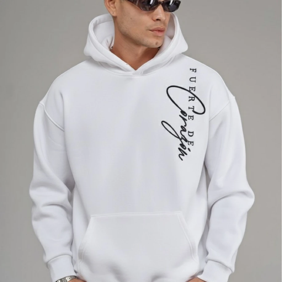 UNISEX BEYAZ SIRT TASARIMLI NAKIŞ İŞLEMELİ OVERSİZE KAPŞONLU SWEATSHİRT