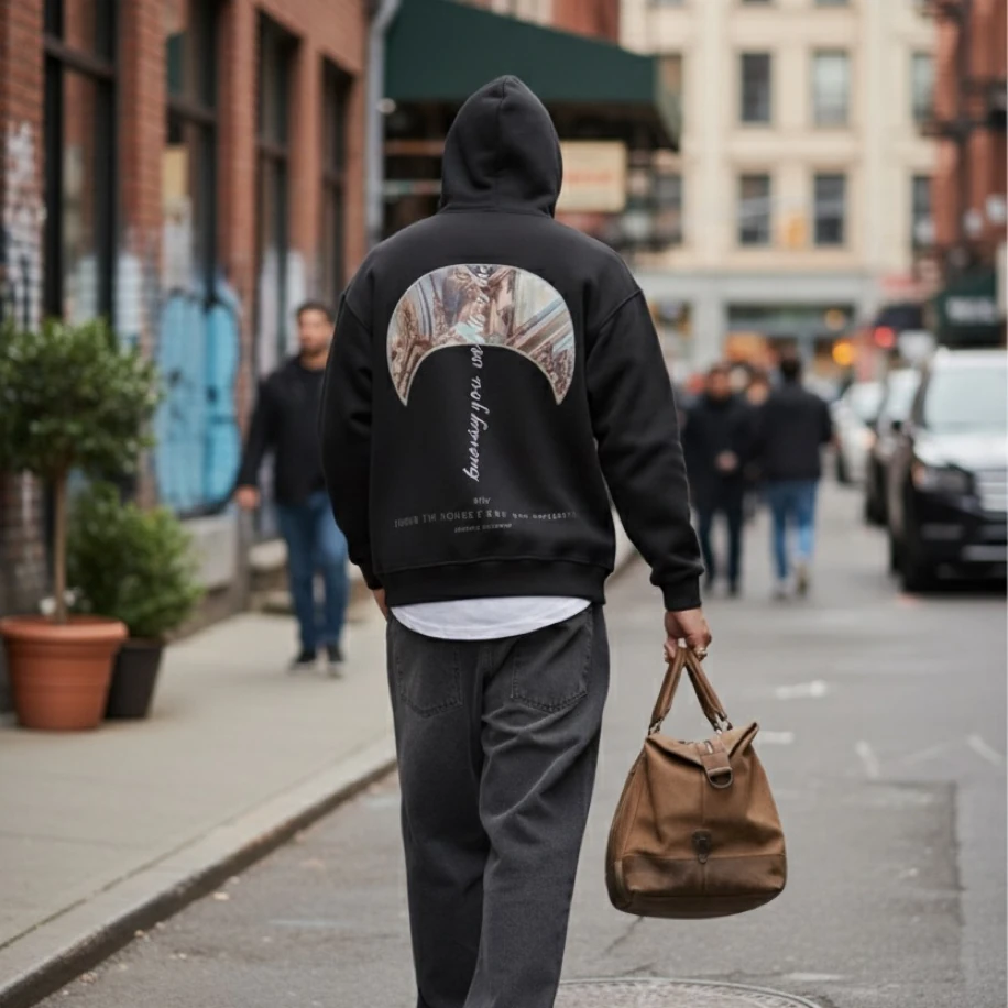 UNISEX SİYAH SIRT TASARIMLI NAKIŞ İŞLEMELİ OVERSİZE KAPŞONLU SWEATSHİRT