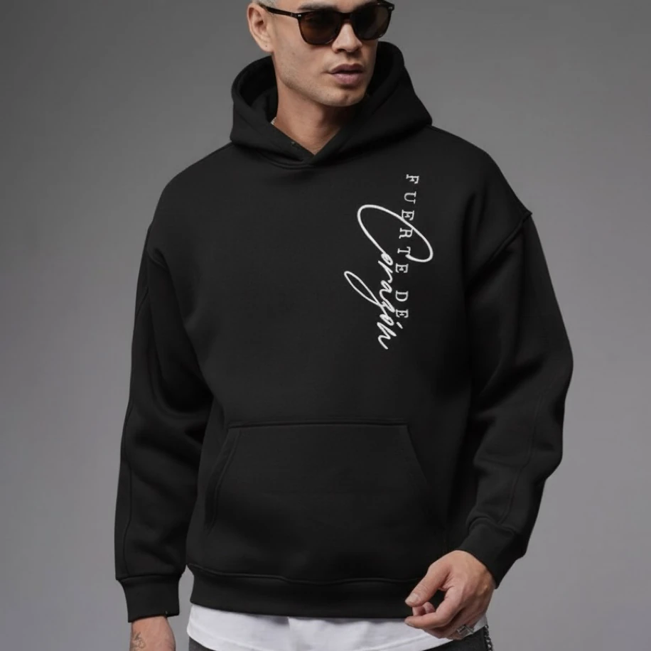 UNISEX SİYAH SIRT TASARIMLI NAKIŞ İŞLEMELİ OVERSİZE KAPŞONLU SWEATSHİRT