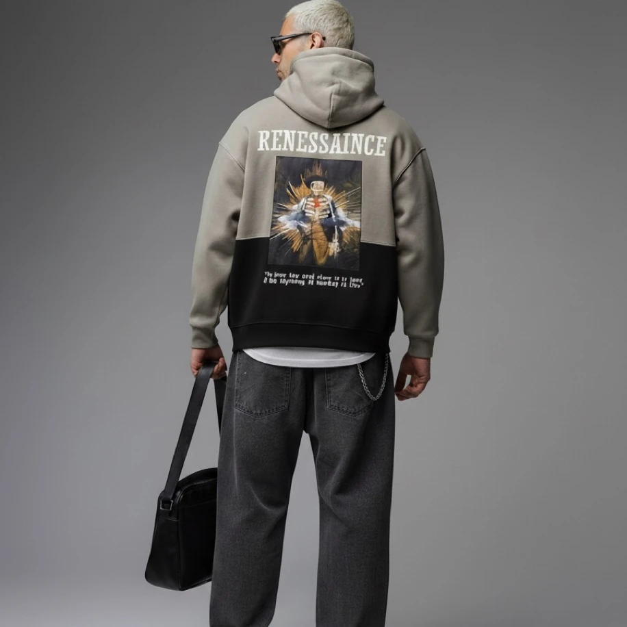 UNISEX SİYAH GRİ SIRT TASARIMLI NAKIŞ İŞLEMELİ OVERSİZE KAPŞONLU SWEATSHİRT