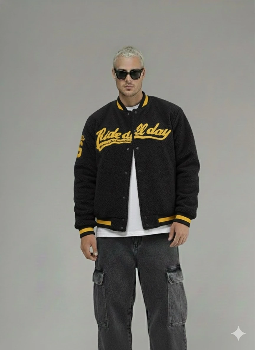 OVERSİZE SİYAH RENK KUMAŞI PAMUKLU POLARLI KOLEJ CEKET 