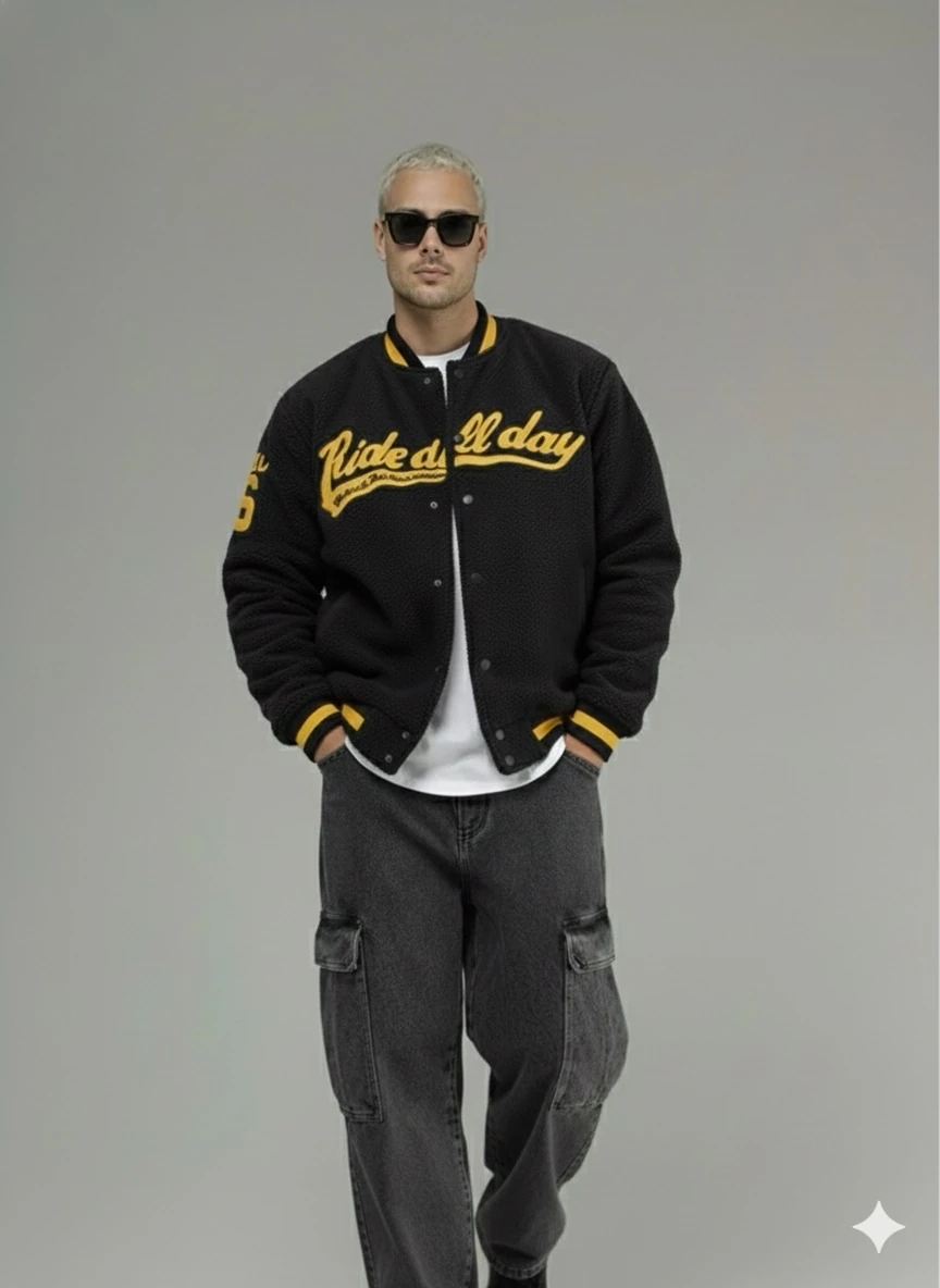 OVERSİZE SİYAH RENK KUMAŞI PAMUKLU POLARLI KOLEJ CEKET 