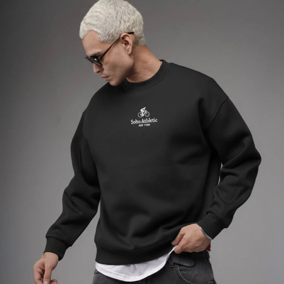 UNISEX SİYAH ÖN MİNİMAL NAKIŞLI YAZI İŞLEMELİ   OVERSİZE SWEATSHİRT