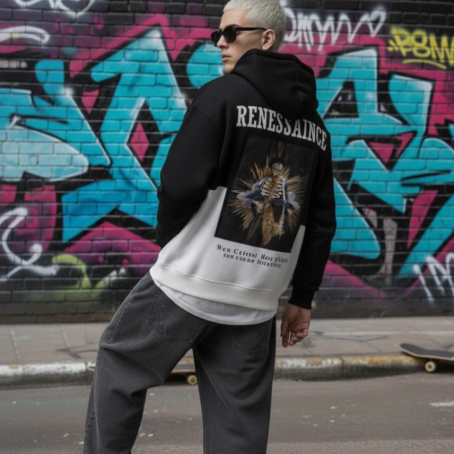 UNISEX SİYAH BEYAZ SIRT TASARIMLI NAKIŞ İŞLEMELİ OVERSİZE KAPŞONLU SWEATSHİRT