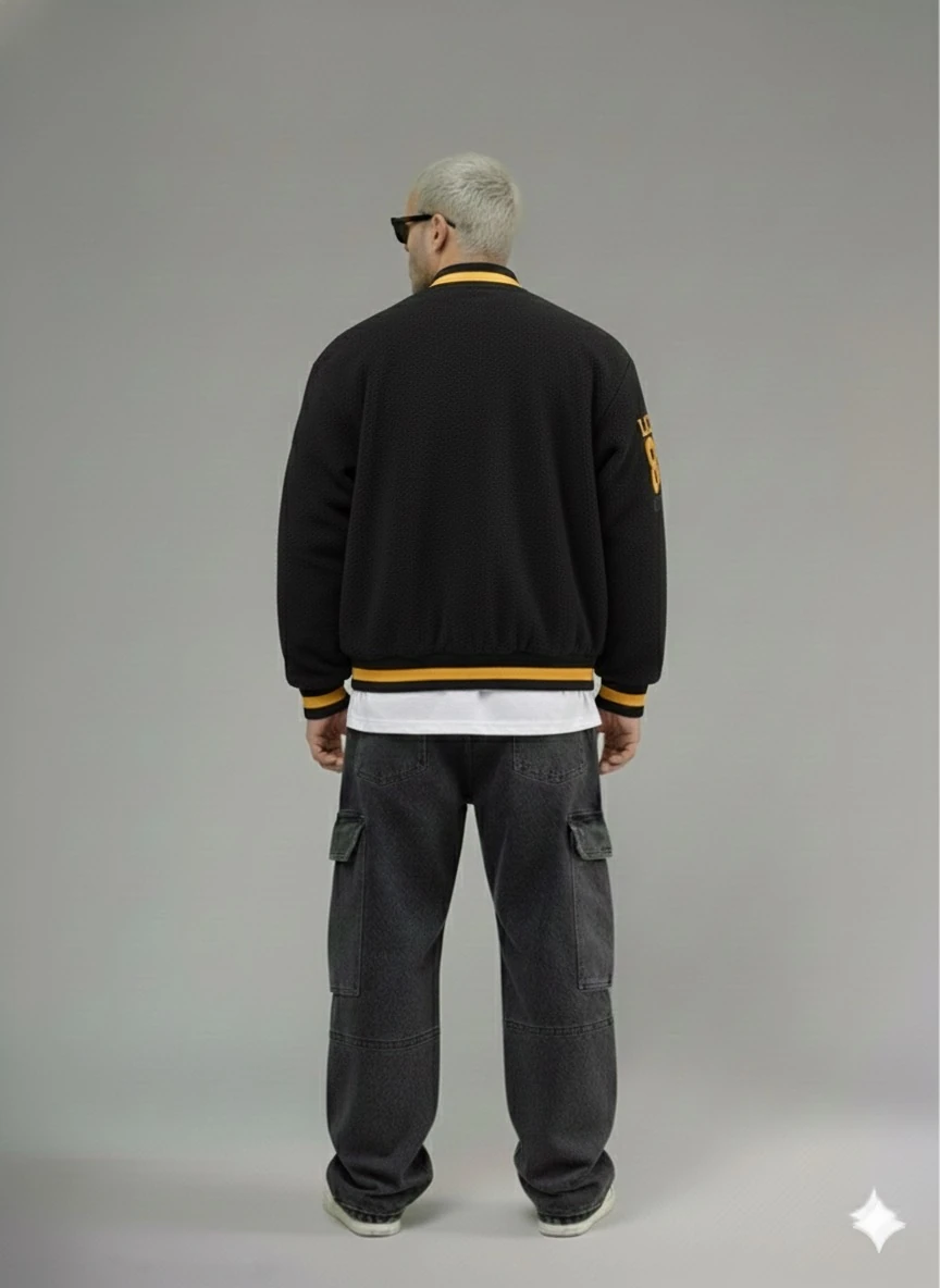 OVERSİZE SİYAH RENK KUMAŞI PAMUKLU POLARLI KOLEJ CEKET 