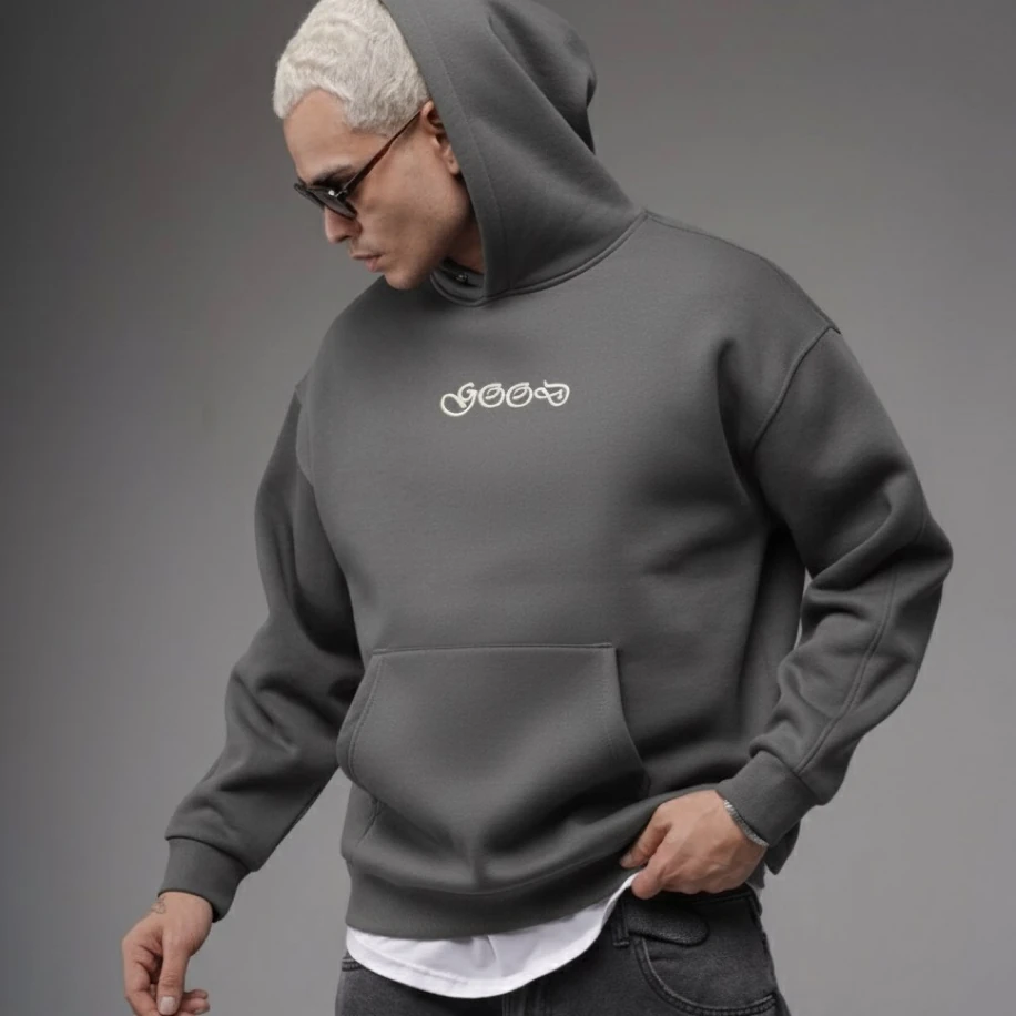 UNISEX ANTRASİT SIRT TASARIMLI NAKIŞ İŞLEMELİ OVERSİZE KAPŞONLU SWEATSHİRT