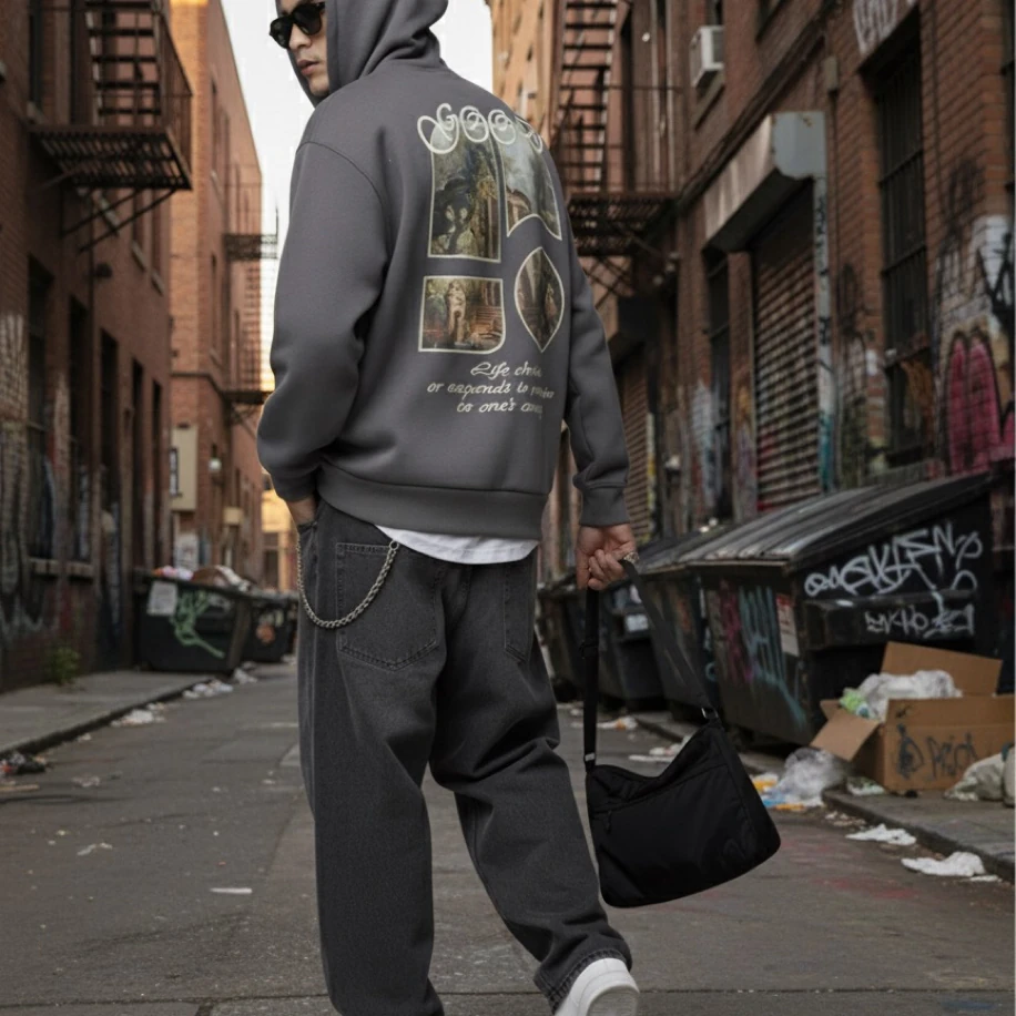 UNISEX ANTRASİT SIRT TASARIMLI NAKIŞ İŞLEMELİ OVERSİZE KAPŞONLU SWEATSHİRT