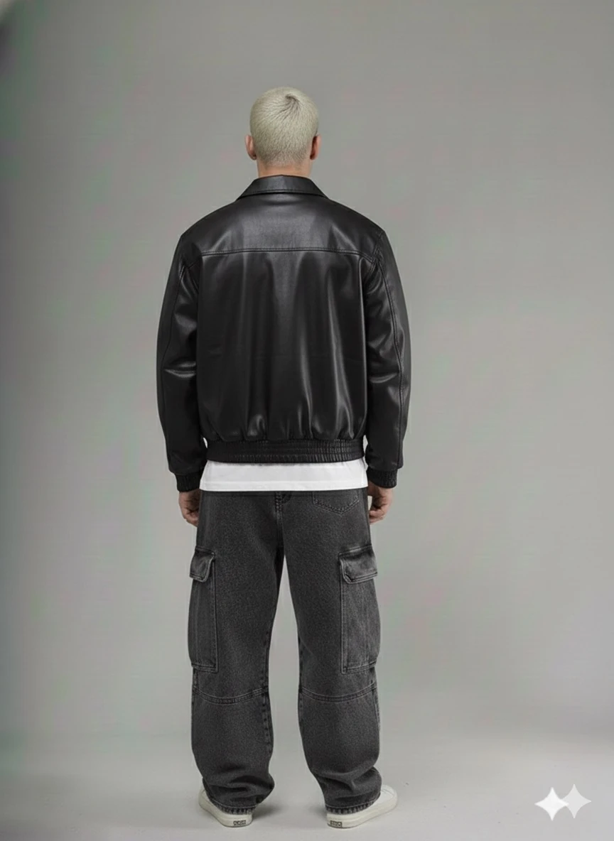 OVERSİZE ÇİFT RENKLİ  ÖN YAZILI BEL LASTİKLİ DERİ CEKET 