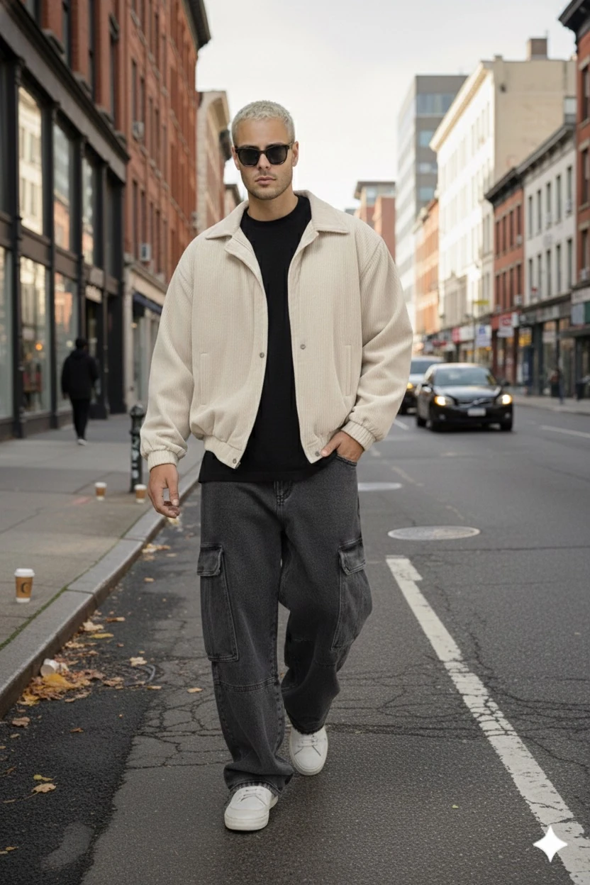 UNİSEX OVERSİZE BEJ RENGİ BOMBER KADİFE CEKET  