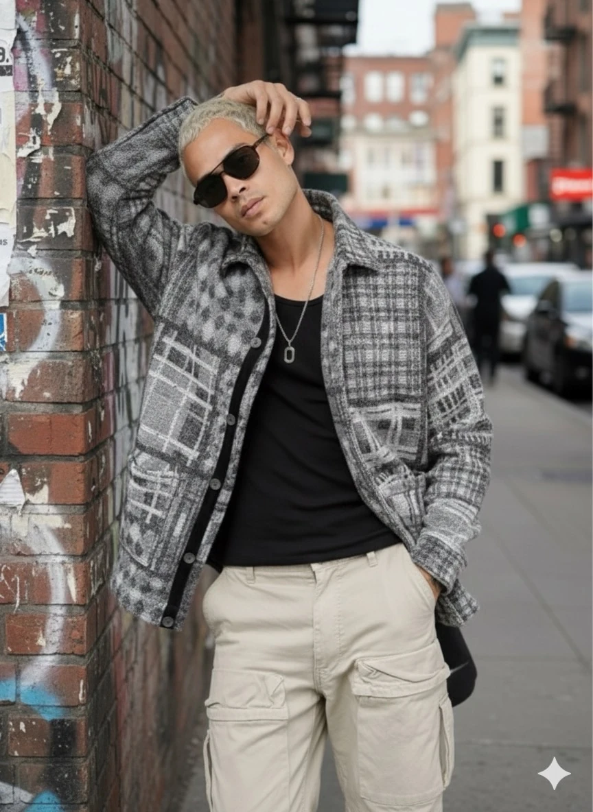 OVERSİZE KUMAŞ DESENLİ  ODUNCU GÖMLEK 