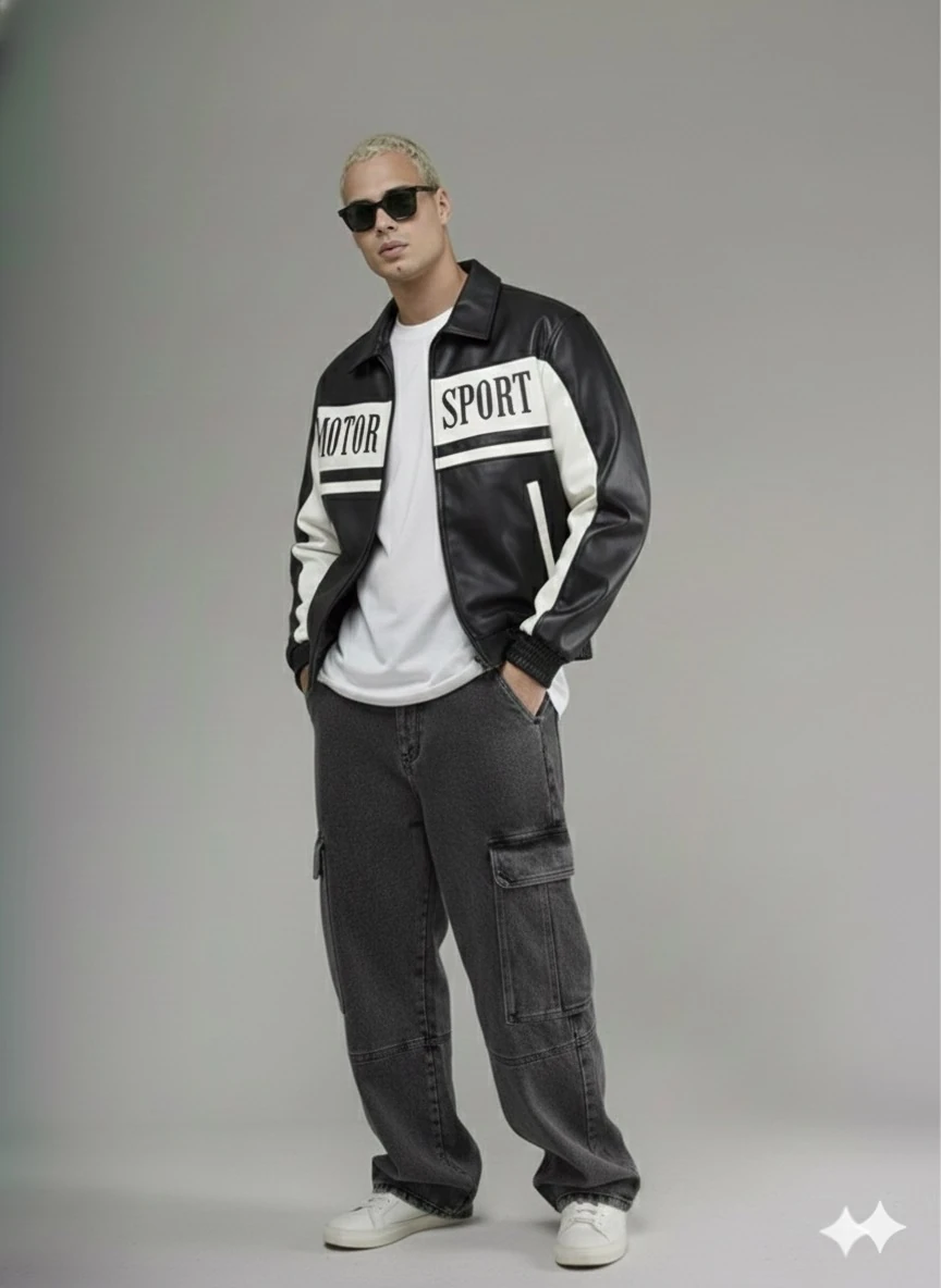 OVERSİZE ÇİFT RENKLİ  ÖN YAZILI BEL LASTİKLİ DERİ CEKET 