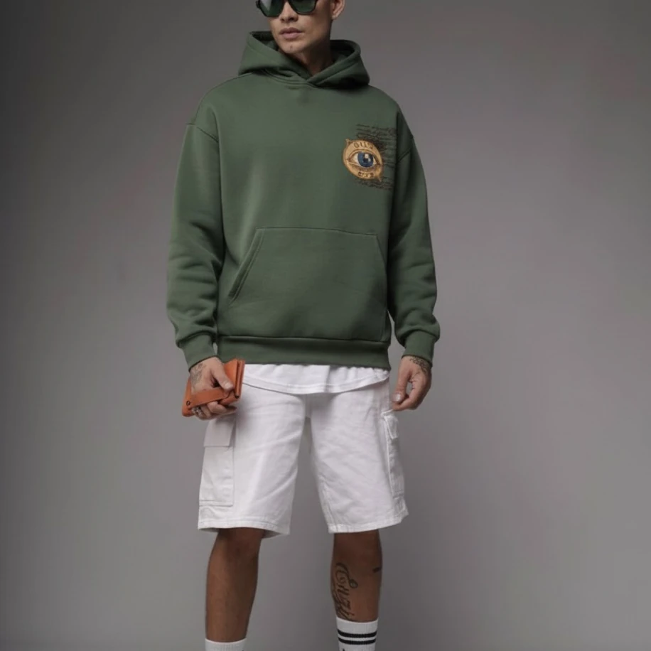 UNISEX YEŞİL  SIRT TASARIMLI NAKIŞ İŞLEMELİ OVERSİZE KAPŞONLU SWEATSHİRT