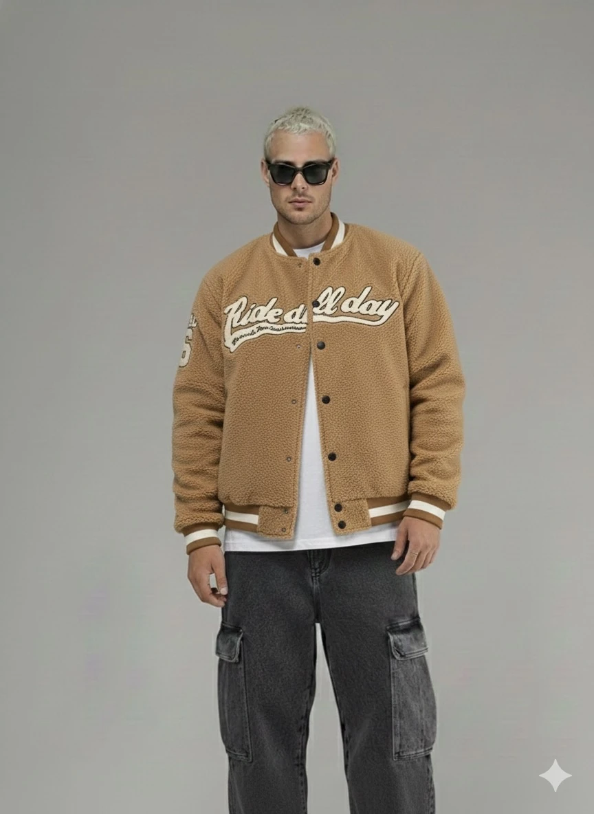 OVERSİZE KAHVE RENK KUMAŞI PAMUKLU POLARLI KOLEJ CEKET 