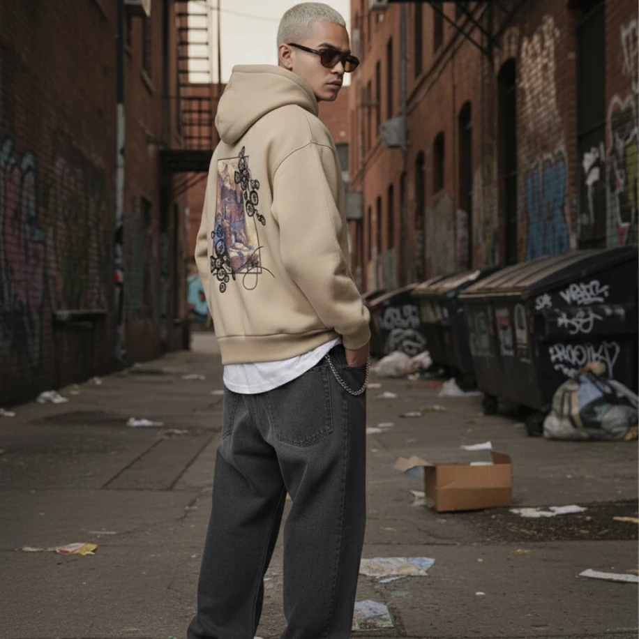 UNISEX BEJ SIRT TASARIMLI NAKIŞ İŞLEMELİ OVERSİZE KAPŞONLU SWEATSHİRT