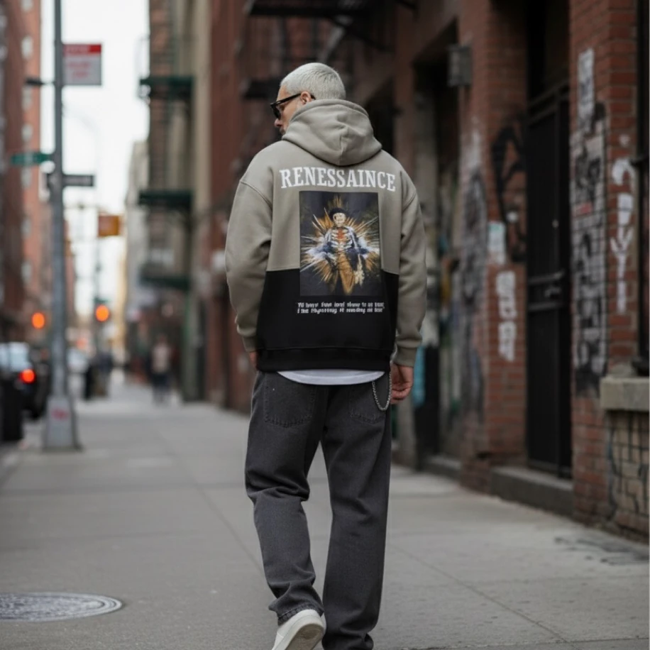 UNISEX SİYAH GRİ SIRT TASARIMLI NAKIŞ İŞLEMELİ OVERSİZE KAPŞONLU SWEATSHİRT