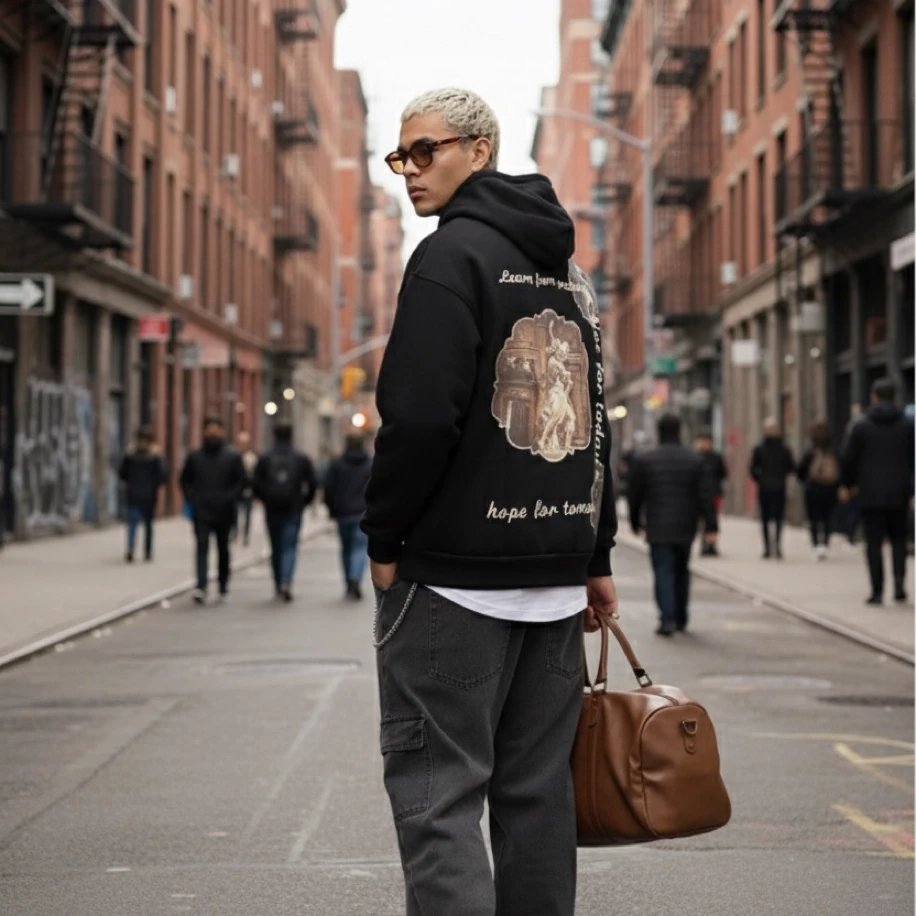 UNISEX SİYAH SIRT TASARIMLI NAKIŞ İŞLEMELİ OVERSİZE KAPŞONLU SWEATSHİRT