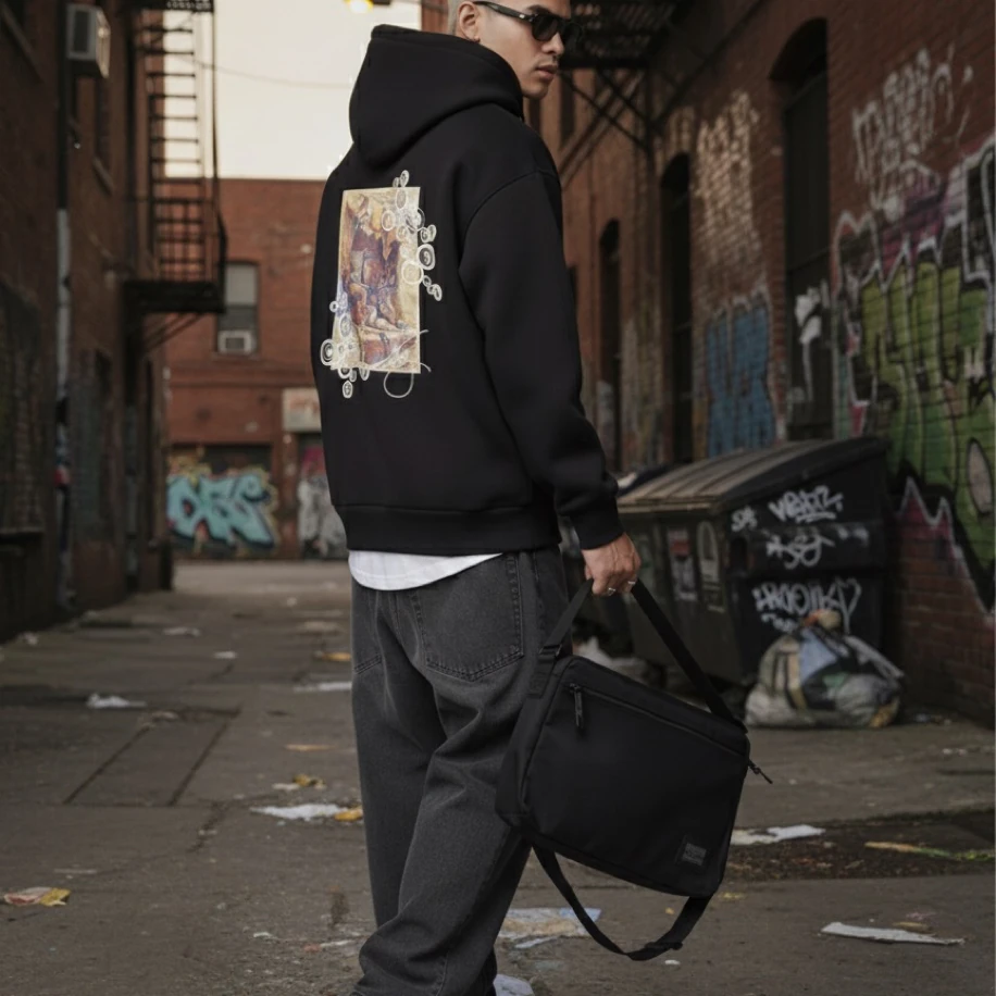 UNISEX SİYAH SIRT TASARIMLI NAKIŞ İŞLEMELİ OVERSİZE KAPŞONLU SWEATSHİRT