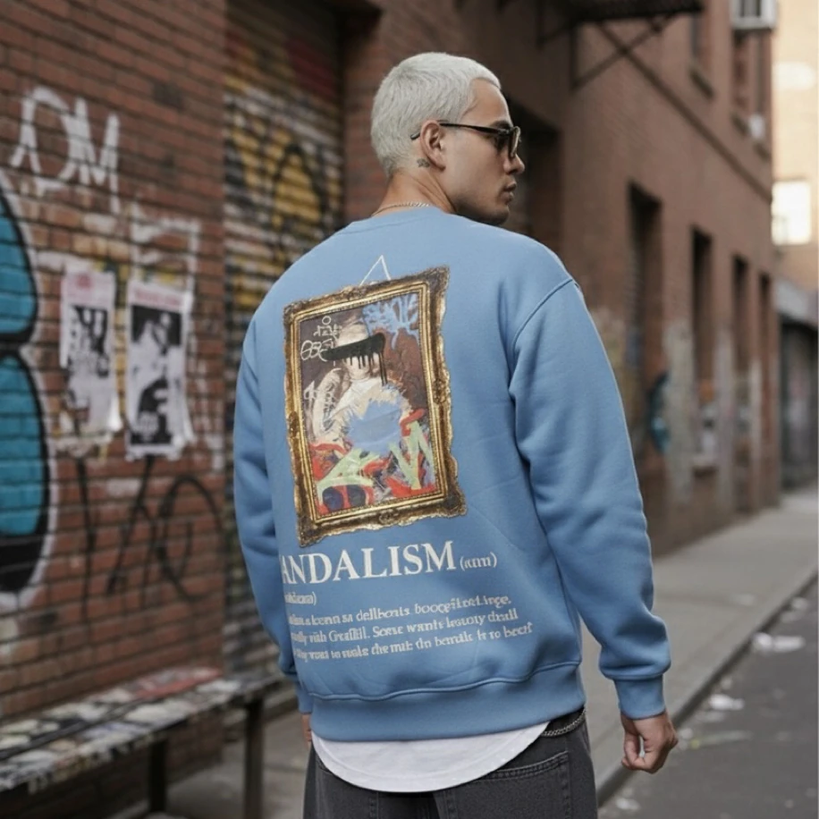 UNISEX MAVİ SIRT TABLO TASARIMLI OVERSİZE SWEATSHİRT