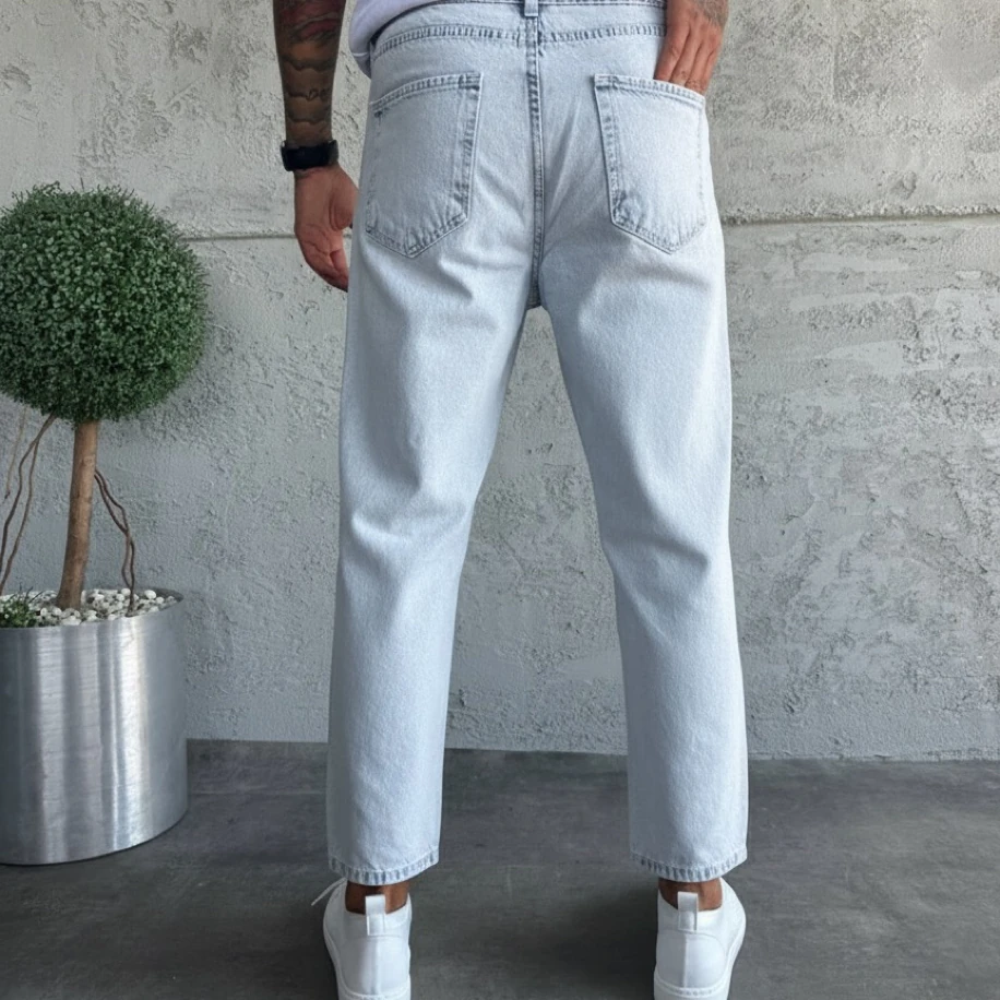 BUZ MAVİSİ RENK DİZ YIRTIK DETAYLI BOYFRİEND JEANS PANTOLON