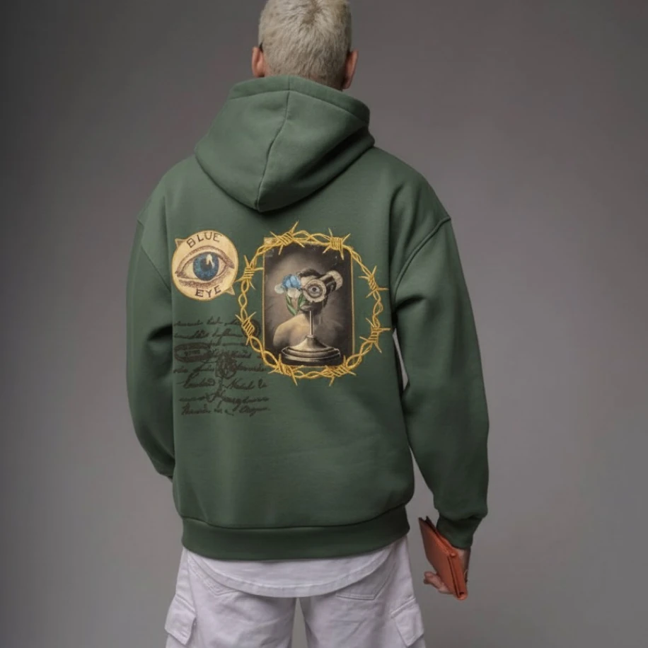 UNISEX YEŞİL  SIRT TASARIMLI NAKIŞ İŞLEMELİ OVERSİZE KAPŞONLU SWEATSHİRT