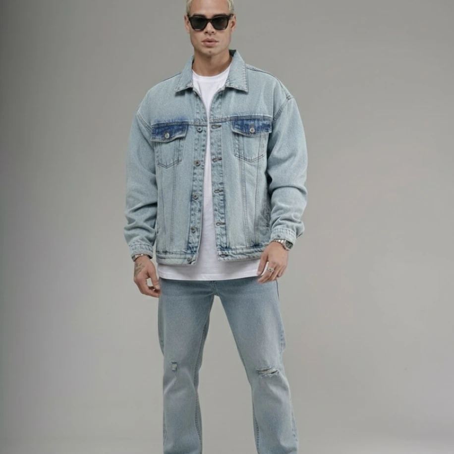 UNISEX BUZ MAVİSİ OVERSİZE JEANS KOT CEKET