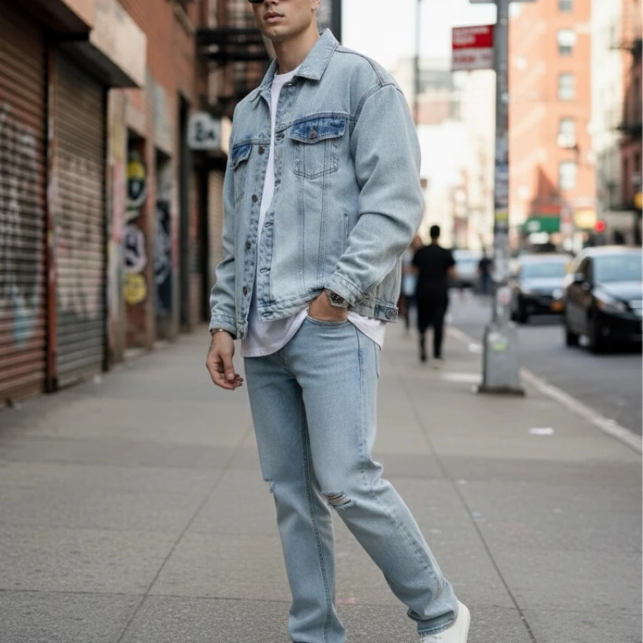 UNISEX BUZ MAVİSİ OVERSİZE JEANS KOT CEKET